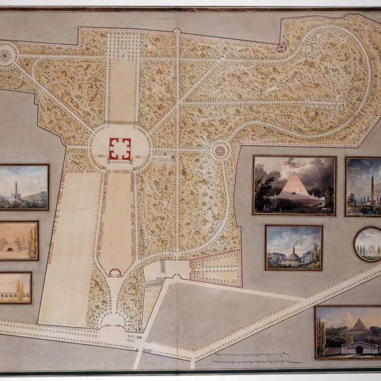 Projet d'aménagement du cimetière de l'Est dit Mont-Louis ou Père-Lachaise. Plan général avec huit vues de détails.