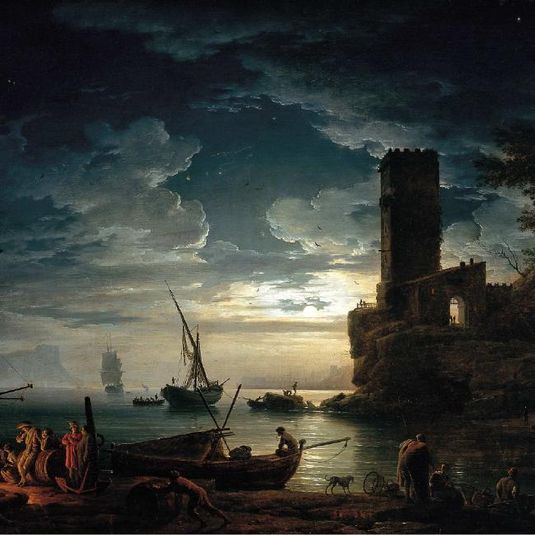 Night: Mediterranean Coast Scene with Fishermen and Boats