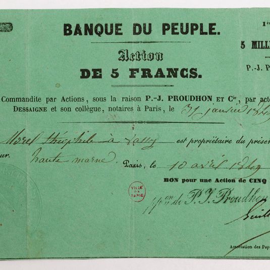 Action de 5 francs, Banque du Peuple, N° 2751, 31 janvier 1849