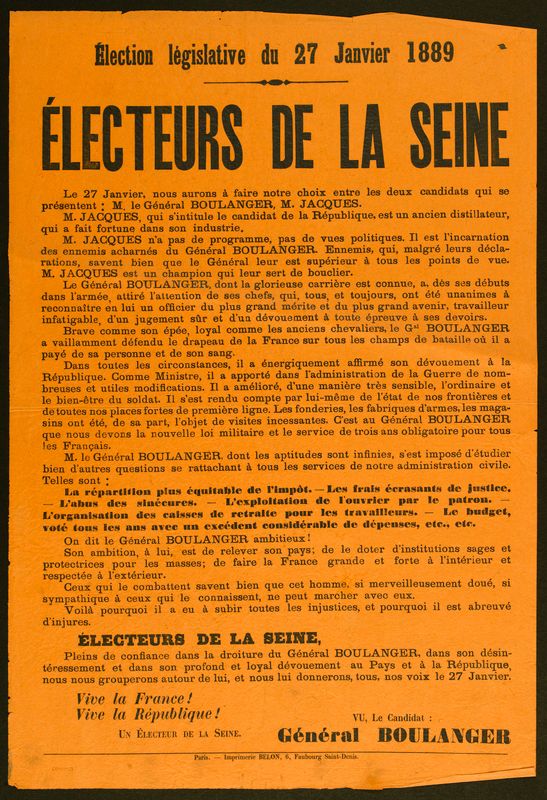Election législative du 27 Janvier 1889/ ELECTEURS DE LA SEINE/ Le 27 Janvier, nous aurons à faire notre choix entre les deux candidats qui se/ présentent/ M. le Général BOULANGER, M. JACQUES.