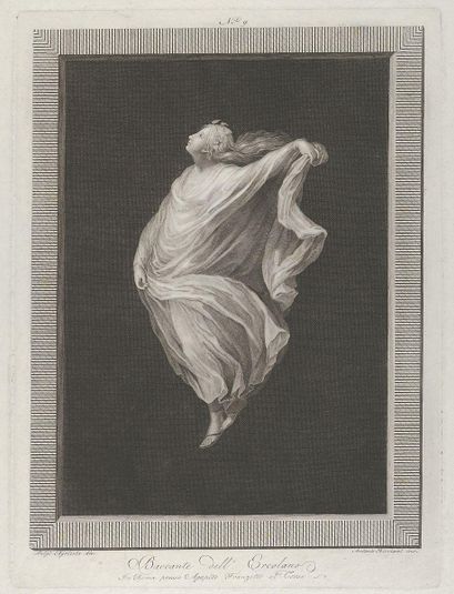 A bacchante seen in profile facing left, with outstretched left arm holding her drapery, set against a black background inside a rectangular frame