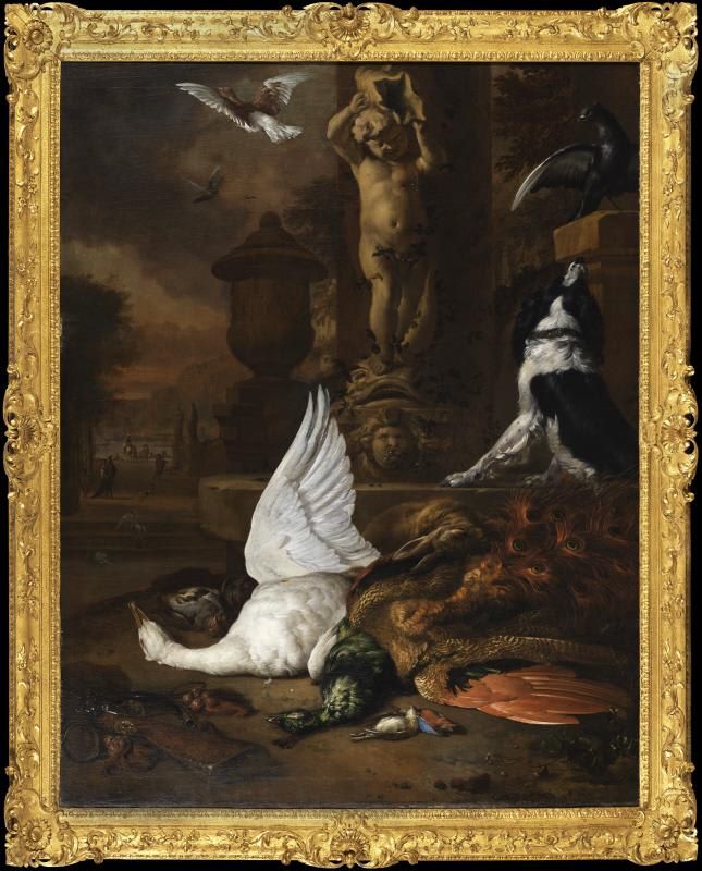 Still life with dead swan, a peacock and a dog by a garden fountain