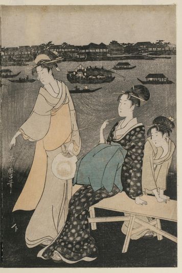 Women Enjoying the Evening Cool Near Ryogoku Bridge