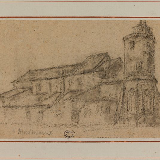 Page 1 (recto) de l'album de dessins: Eglise et ancienne Tour du télégraphe à Montmartre