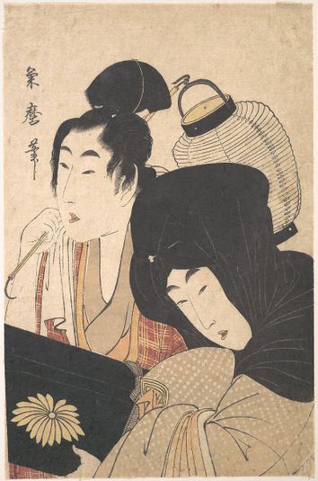 Young Woman at Night accompanied by a Servant Carrying a Lantern and a Shamisen Box