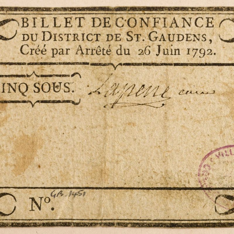 Bon pour 5 sous, district de Saint-Gaudens, 26 juin 1792