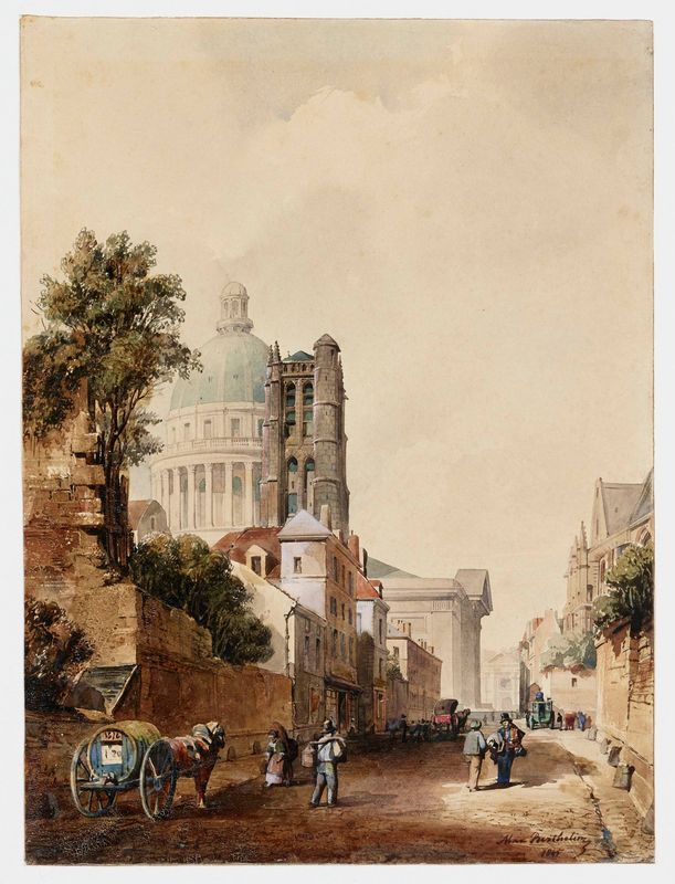 La Rue Clovis et le mur de Philippe-Auguste, en 1845, montagne Sainte-Geneviève, actuel 5ème arrondissement