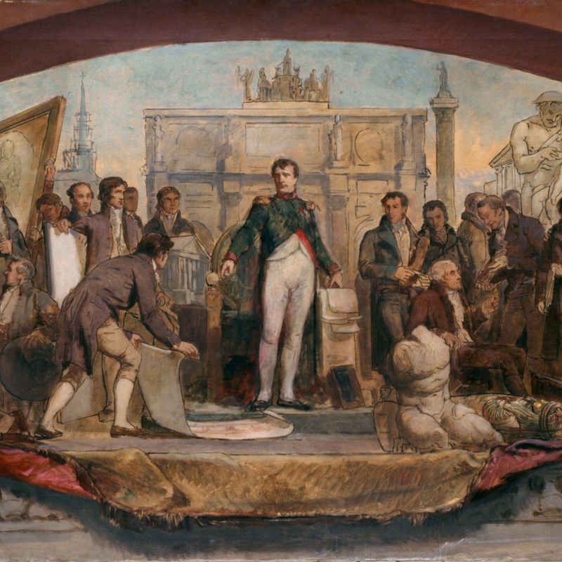 Esquisse pour le pavillon Denon au Louvre : Les quatre âges artistiques de la France - Présentation des plans à Napoléon