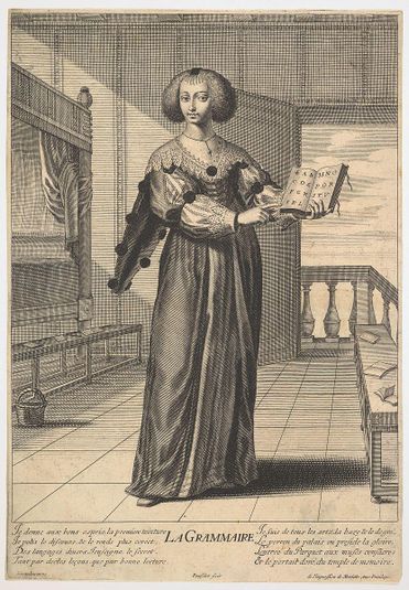 Grammar: a young woman standing in a decorated interior holding an open book in her left hand and pointing to the alphabet inscribed on its pages with her right hand, from the series 'The liberal arts' (Les arts liberaux)
