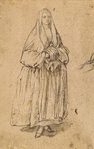 Standing Woman Holding a Muff, Turned Slightly to the Right (recto); Studies of Heads (verso)