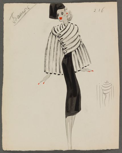 Manteau court blanc travaillée en bandes sur robe noire, 1938, Fonds d'arts graphiques de la maison Max Fourrures