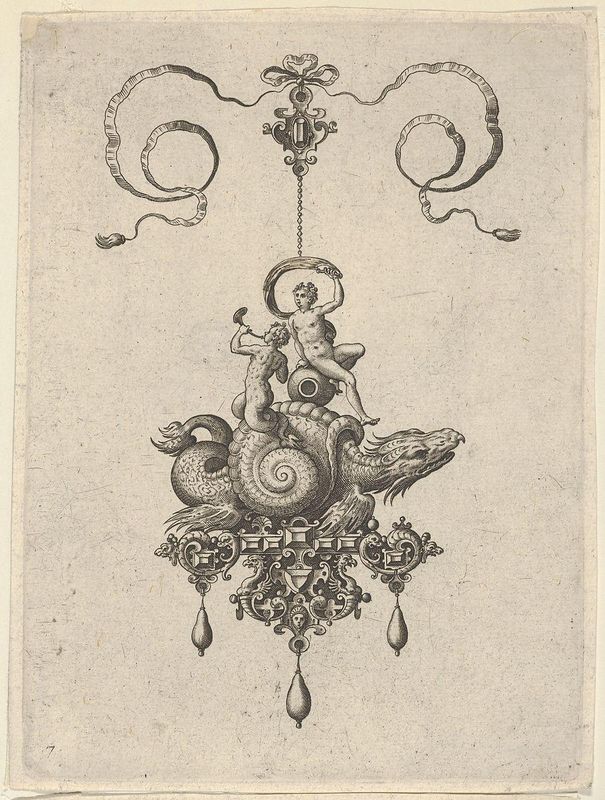Pendant Design with a Sea Monster in a Shell Carrying a Triton and a Woman with a Sail
