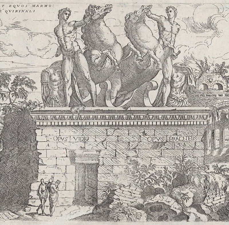 Roman ruins with the horse tamers (Dioscuri) on the Quirinal Hill, Plate 36 from: Discorsi Sopra L’Antichita di Roma