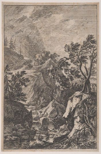 Plate 6: two male figures standing on a rock at right, a waterfall at center with another male figure on its left bank, from 'Landscapes in the manner of Salvator Rosa' (Die Landschaften in Sal. Rosa's)