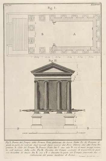 Plan and facade of the Temple of Fortuna Virilis (Tempio della Fortuna Virile), from the series 'Le Antichità Romane'