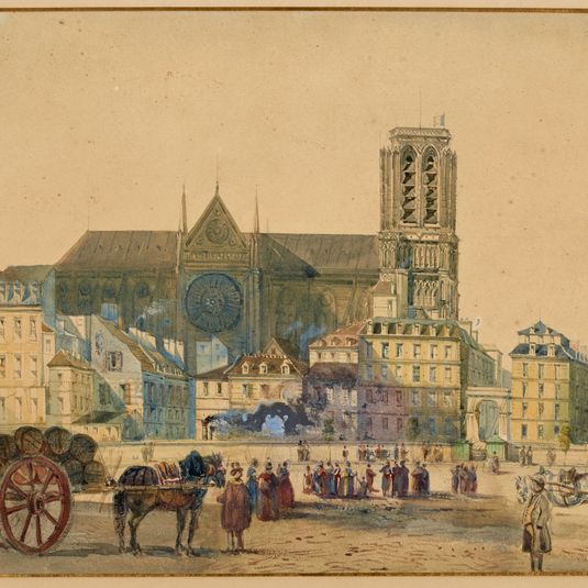 Notre-Dame et le pont d'Arcole vus de la place de l'Hôtel de Ville en 1845.