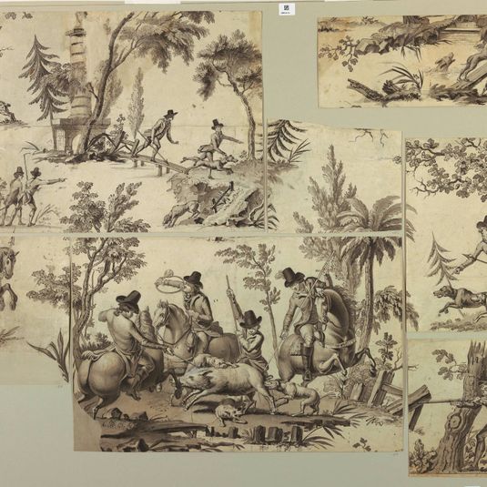 Fragments of an incomplete cartoon for cotton printing: La Course au Sanglier