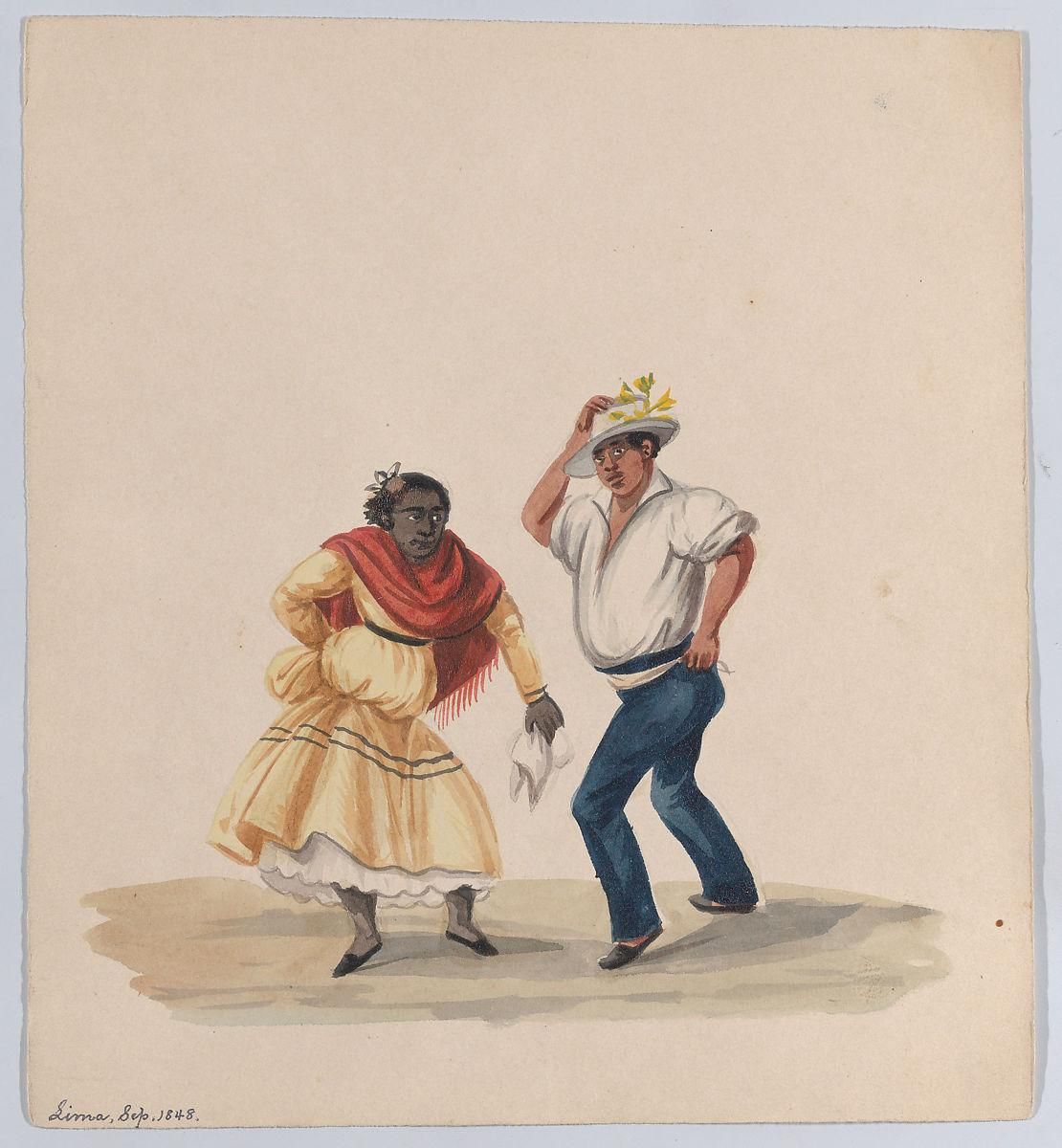 A man and a woman dancing, from a group of drawings depicting Peruvian costume