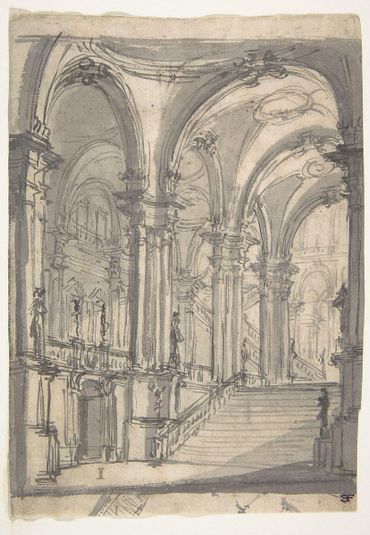 Design for a Stage Sets Groin-vaulted Stairway Leading to a Gallery with Another Stairway to a Second Story at Left (recto); Slight Sketch Traced Through form the Recto and Reworked (verso).