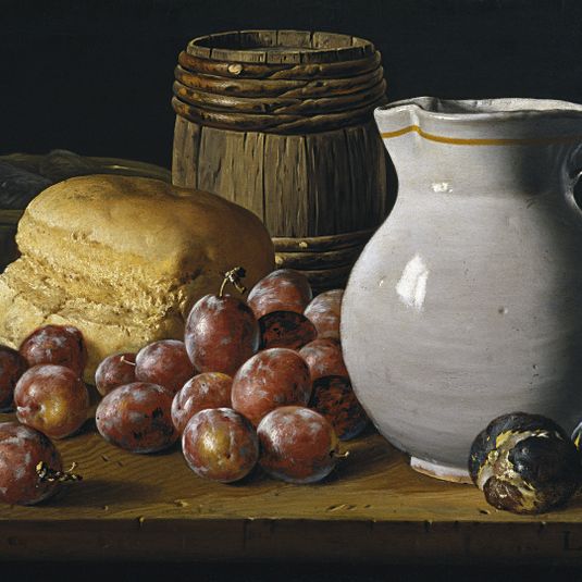 Still Life with Plums Figs Bread Barrel Jug and Other Vessels