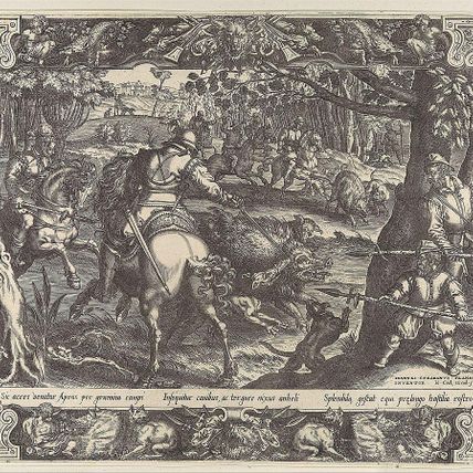 Wild Boar Hunt with Spears, from Hunting Scenes in Ornamental Frames