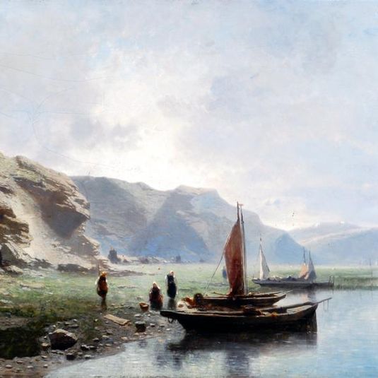 The shore of a lake with boats and figures