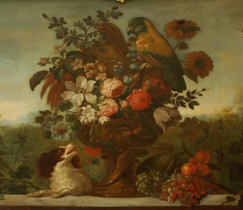 Overdoor with a Spaniel, Parrot, Flowers and Fruit