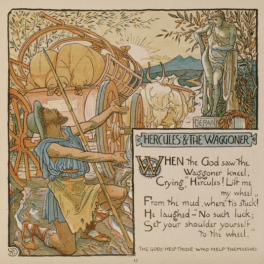 An illustration of the fable of Hercules and the Wagoner