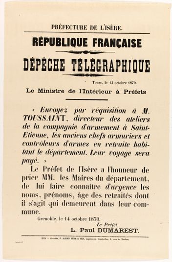 PREFECTURE DE L'ISERE./ REPUBLIQUE FRANCAISE/ DEPECHE TELEGRAPHIQUE/ Tours, le 13 octobre 1870.