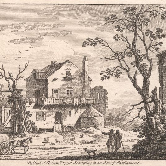 Cottage with ruined arch, horse and cart, two travellers (set of 6)