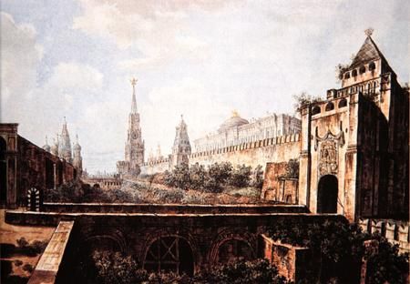 View of Nikolskaya tower and gates of Moscow Kremlin and the moat in place of present day graveyard near Kremlin Wall and part of Red Square