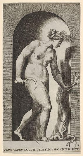 Plate 14: Ceres in a niche, facing right, standing over a two-headed snake and holding a half-moon sickle in her right hand and a torch in her left hand, from a series of mythological gods and goddesses