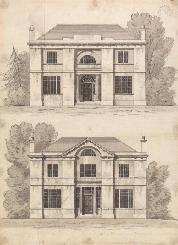 Preparatory drawing for Designs 5 and 6, Plate 3 from A Collection of Designs for Rural Retreats