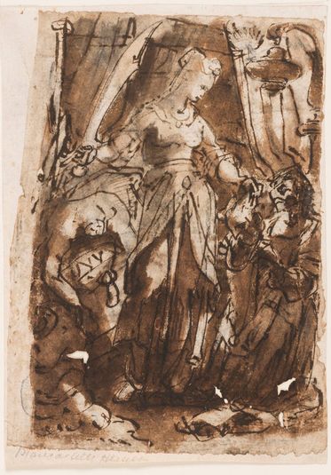Recto: Judith with the head of Holofernes; Verso, left: Judith with the head of Holofernes; Verso, right: preliminary design for titlepage for print series of The Seven Virtues