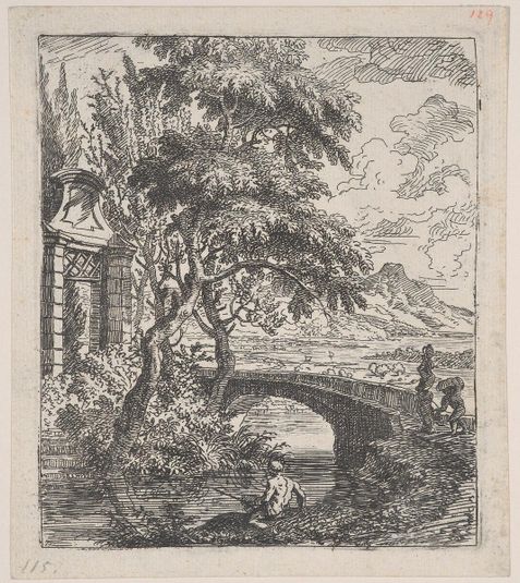 Plate 7: two figures at right about to cross a stone bridge, a fisherman in the foreground, from 'Landscapes in the manner of Gaspar Dughet'