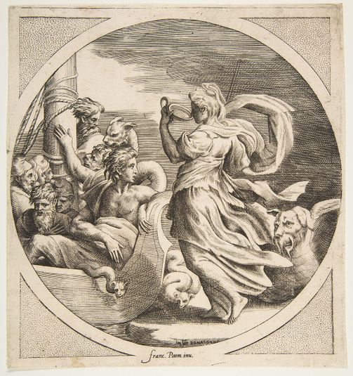 Circe drinking from a cup with the companions of Ulysses in a boat at left, a circular composition