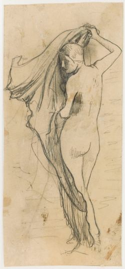 Femme nue de dos tenant un drapé flottant