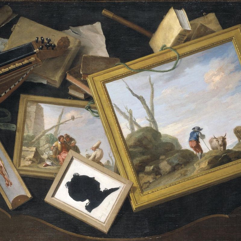 Trompe-l'œil of a Table in a Mess with Paintings, a Hurdy-Gurdy, Books and Other Objects