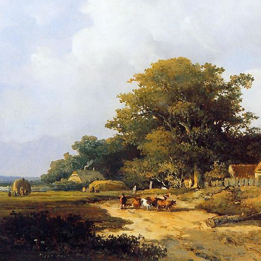 Farmer with herd on countryroad
