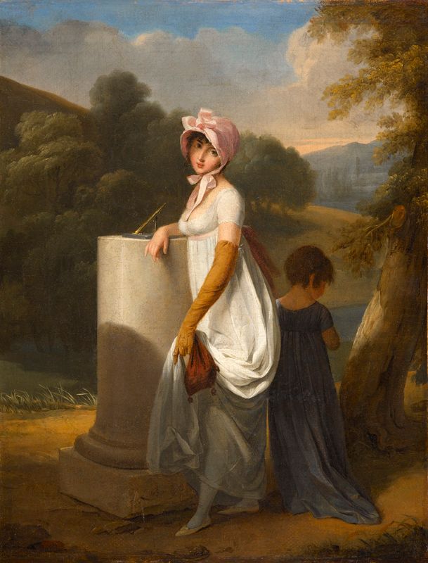 A Young Woman in White Leaning on a Sundial