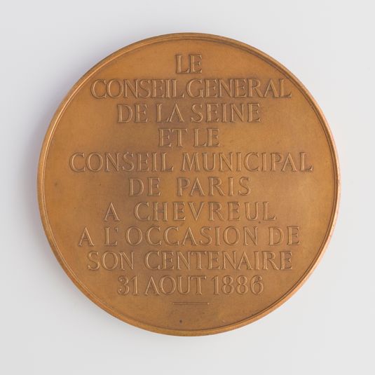 Médaille du conseil général de la Seine et du conseil municipal de Paris offerte au chimiste Michel-Eugène Chevreul (1786-1889) à l'occasion de son centenaire, 31 août 1886