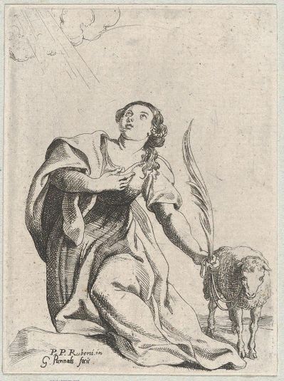Saint Agnes, holding a palm leaf and a tethered lamb