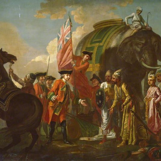 Robert Clive, Mir Jafar Ali Khan and his son Mir Miran, with a number of British and Mughal attendants, after the Battle of Plassey, 1757