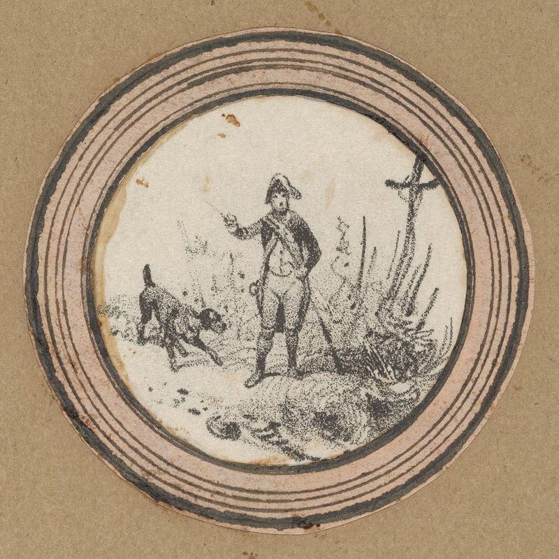 Standing soldier with a dog and a crucifix