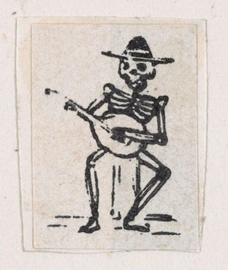 Skeleton playing the guitar, from a broaside entitled 'De este famoso hipodromo en la pista, no faltara ni un solo periodista', published by Antonio Vanegas Arroyo.