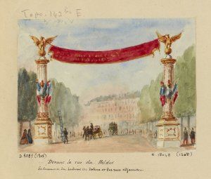 Rentrée à Paris de l'armée d'Italie le 14 août 1859 : devant la rue du helder. Le commerce du boulevart des italiens et des rues adjacentes.