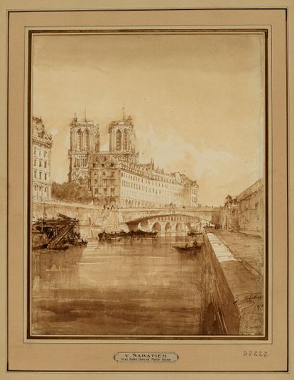 Le petit bras de la Seine : au delà du Petit Pont, l'Hôtel Dieu et les tours de Notre Dame, 1870