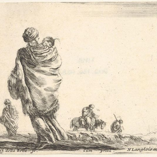 Plate 21: a poor woman to left, seen from behind, enveloping her child in a shawl, another woman seen from behind to left in background, a woman atop a horse and a man to right in background, from 'Diversi capricci'