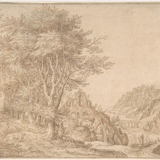 Wooded Landscape with a River, Castle, and Town Beyond