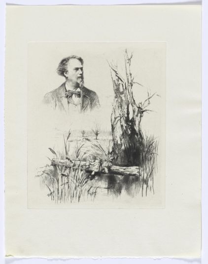 Frédéric Mistral: Mémoires et Recits by Frédéric Mistral: bust of a man and landscape with child (insert between p. 16-17)